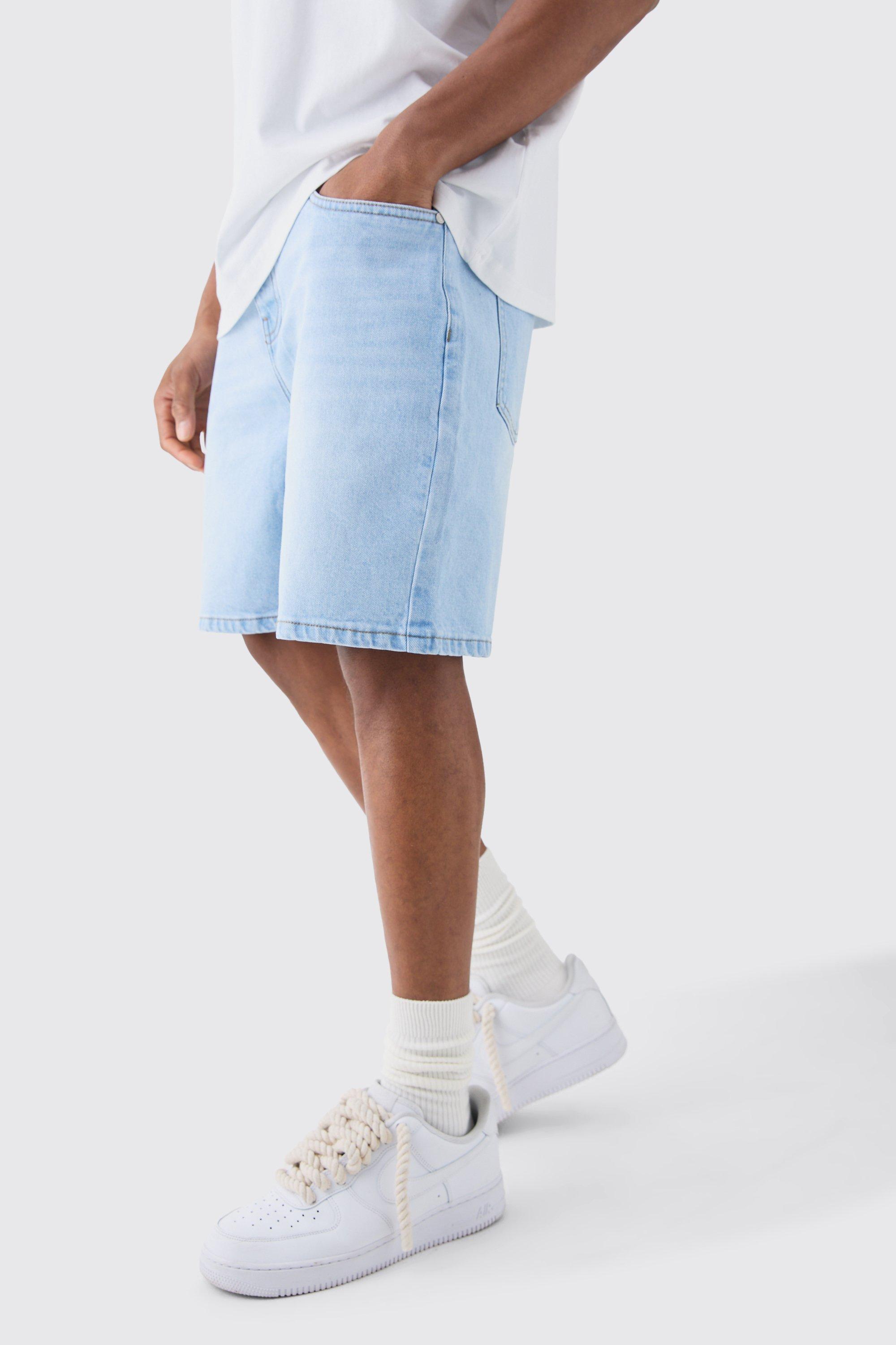 Mens Relaxed Rigid Denim Shorts In Ice Blue, Blue